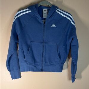 adidas Blue Kids Full-Zip Hooded Sweatshirt with White Stripes